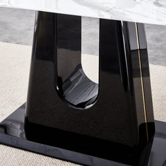 A modern, minimalist, and luxurious dining table with a white