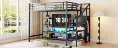 Full Size Metal Loft Bed with TV Stand, Metal Loft Bed with Staircase
