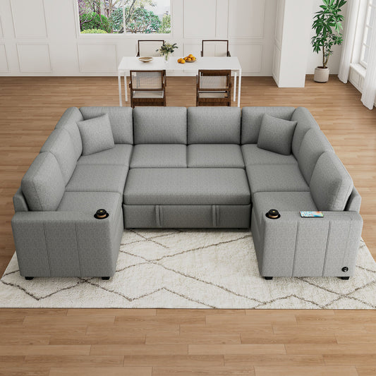 Multi-functional U-shaped Sectional Sofa Convertible Pull-out Bed Gray
