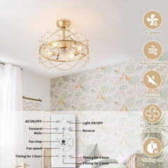 20 Inch Gold Caged Ceiling Fan with Light, Flower Chandelier Ceiling