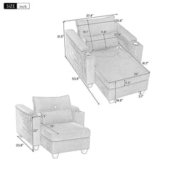 Convertible Chaise Lounge Sofa Chair Corduroy Sleeper with USB Ports,