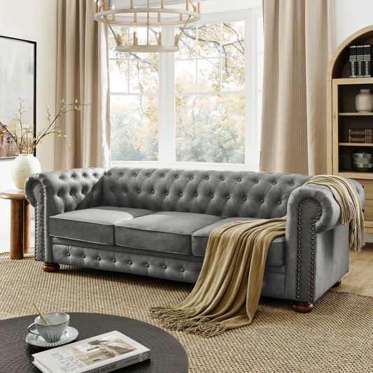 Chesterfield Sofa Tufted  Upholstered PU 3-Seater Sofa Scrolled Arms