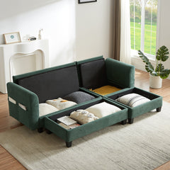 Upholstered Sectional Sofa with Movable Ottoman and Storage in Green