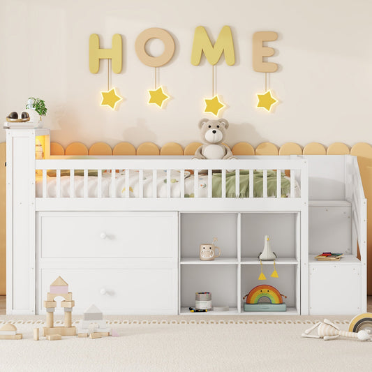 Twin Size Loft Bed with LED and Bookshelf, Wood Low Loft Bed with