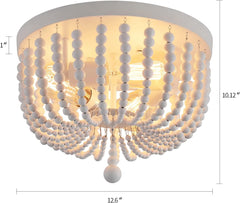 White Boho Beaded Chandeliers Flush Mount Ceiling Light,3-Lights Small