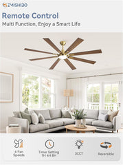 72 Inch Black and Gold Ceiling Fans with Lights and Remote,