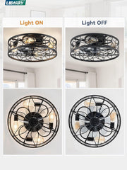 Caged Ceiling Fans with Lights, Black Flush Mount Ceiling Fan with