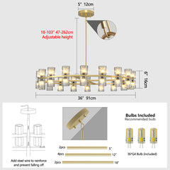 Modern 36' Gold Round Chandelier Light Fixture, K9 Crystal Chandeliers