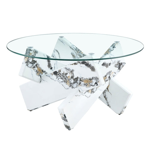 Modern Round Glass Coffee Table with Tempered Glass Countertop and