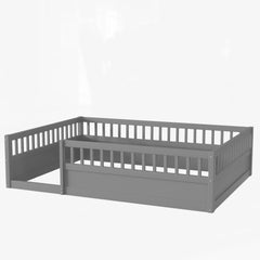 Full Floor Bed Frame with Fence, Wood Kids Floor Beds Frame for