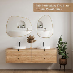 Contemporary Asymmetrical Wall Mirror with Golden Wood Frame - Ideal