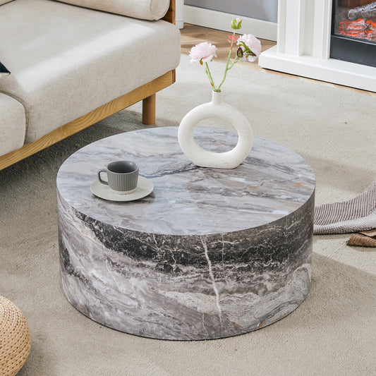 Simple Grey Marble Textured Cylindrical Coffee Table, Industrial Style