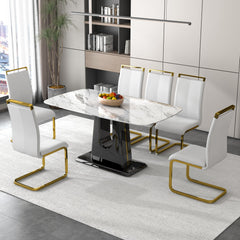 A modern, minimalist, and luxurious dining table with a white