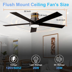 52" Ceiling Fan with Lights, Black Flush Mount Ceiling Fans, 5 Blades