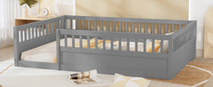 Full Floor Bed Frame with Fence, Wood Kids Floor Beds Frame for
