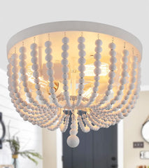 White Boho Beaded Chandeliers Flush Mount Ceiling Light,3-Lights Small