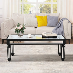 Silver Mirrored Coffee Table, Black Vintage Carved Wooden, Rectangle