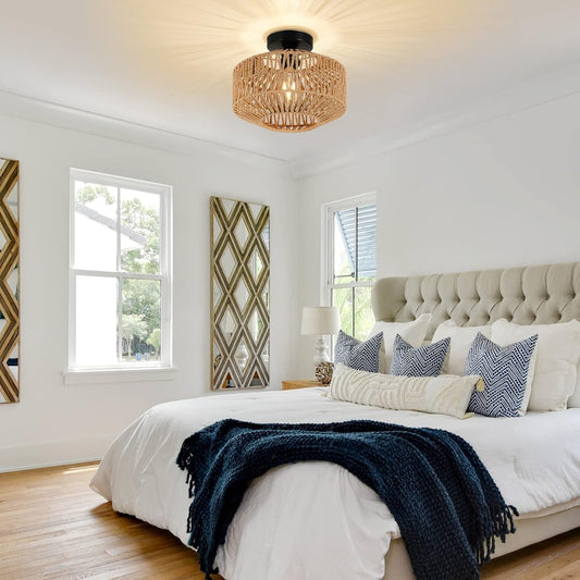 Boho Light Fixtures Ceiling Mount,Mini Rattan Chandelier Light Fixture