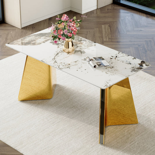 Pandora Patterned Sintered Stone Dining Table with Golden Stainless