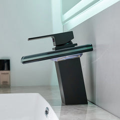 Bathroom Sink Faucet LED Light 3 Colors Changing Waterfall Glass Spout
