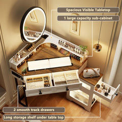 White Corner Vanity Mirror, Lights, Charging, Glass Top