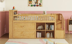 Twin Size Loft Bed with LED and Bookshelf, Wood Low Loft Bed with