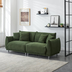 86.6 inch teddy fleece green sofa with four throw pillows and hardware