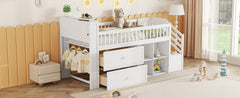 Twin Size Loft Bed with LED and Bookshelf, Wood Low Loft Bed with