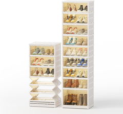 Foldable Shoe Rack, Collapsible Plastic Shoe Organizer With Doors Sturdy Easy To Assemble For Closet,Shoe Storage Boxes -9 Tier