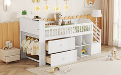 Twin Size Loft Bed with LED and Bookshelf, Wood Low Loft Bed with