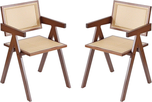 Rattan Dining Chairs Set of 2, Mid Century Modern Armchairs, Wooden