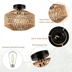 Boho Light Fixtures Ceiling Mount,Mini Rattan Chandelier Light Fixture