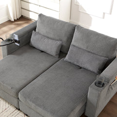 Convertible Chaise Lounge Sofa Chair Corduroy Sleeper with USB Ports,