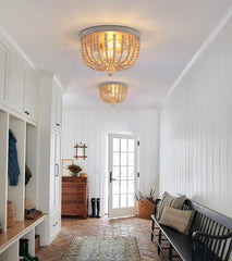 Boho Chandelier Wood Beaded Flush Mount Ceiling Light Fixtures for