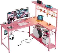 Gaming Desk 51" L-Shaped, with Power Outlets & LED Lights- 4 Tier