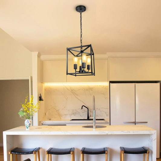 4-Light Black Farmhouse Chandelier, Iron Lantern Pendant Light Rustic