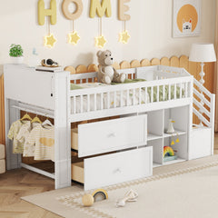 Twin Size Loft Bed with LED and Bookshelf, Wood Low Loft Bed with
