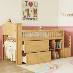 Twin Size Loft Bed with LED and Bookshelf, Wood Low Loft Bed with