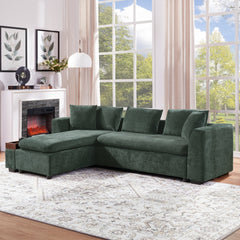 Elegant Chenille L-Shaped Sofa with Wooden Storage Compartment, Green,