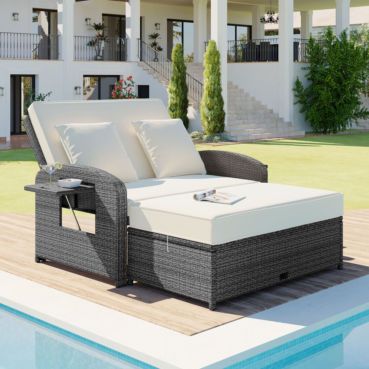 PE Wicker Rattan Double Chaise Lounge, 2-Person Reclining Daybed with