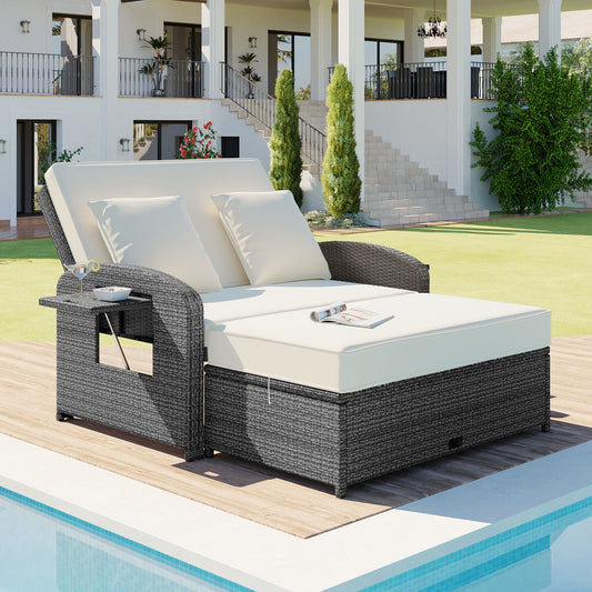 PE Wicker Rattan Double Chaise Lounge, 2-Person Reclining Daybed with