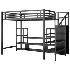 Full Size Metal Loft Bed with TV Stand, Metal Loft Bed with Staircase