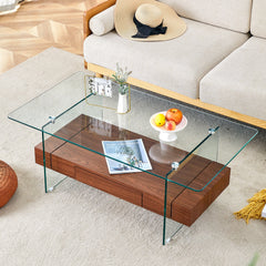 Modern Two-Tier Coffee Table with Drawer - Clear Tempered Glass &