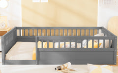 Full Floor Bed Frame with Fence, Wood Kids Floor Beds Frame for