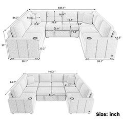 Multi-functional U-shaped Sectional Sofa Convertible Pull-out Bed Gray