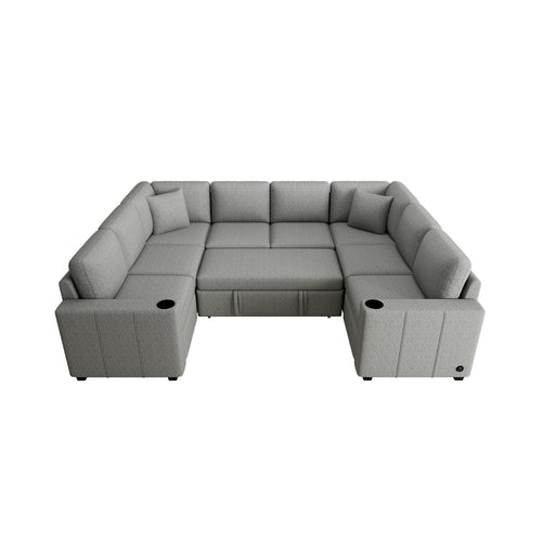 Multi-functional U-shaped Sectional Sofa Convertible Pull-out Bed Gray