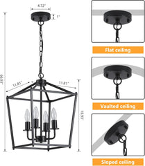 UL Listed Black Industrial 4 Light Lantern Chandelier Ceiling Light