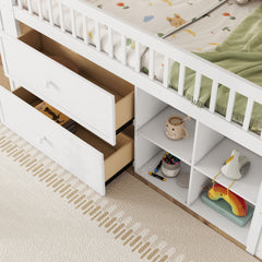 Twin Size Loft Bed with LED and Bookshelf, Wood Low Loft Bed with