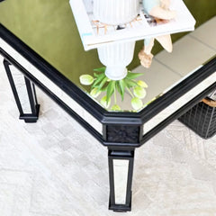 Silver Mirrored Coffee Table, Black Vintage Carved Wooden, Rectangle