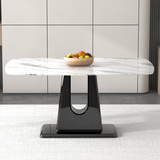 A modern, minimalist, and luxurious dining table with a white